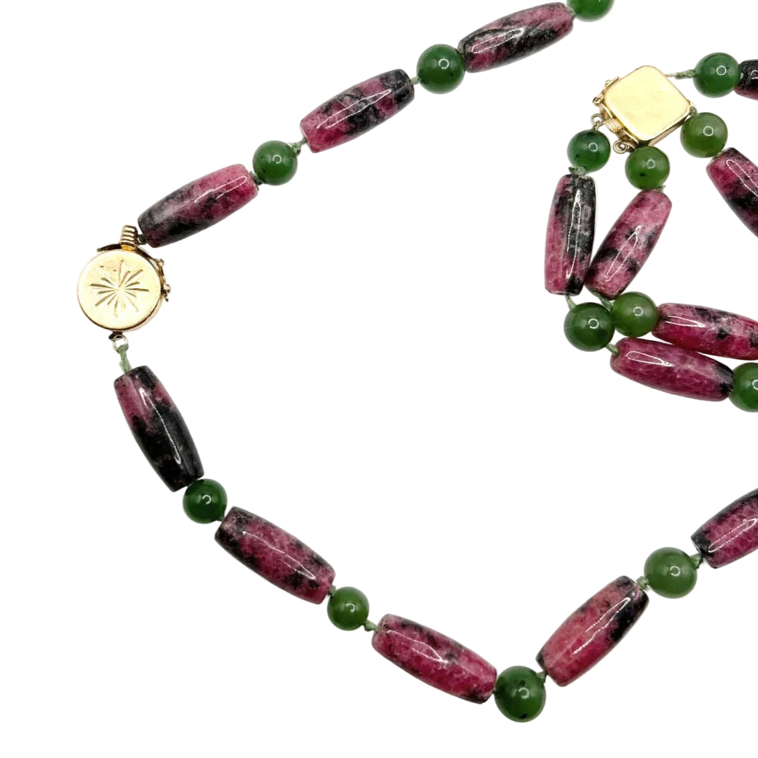 14k Gold Box Closure Vintage Rhodonite Barrel Stones Necklace and Bracelet Set