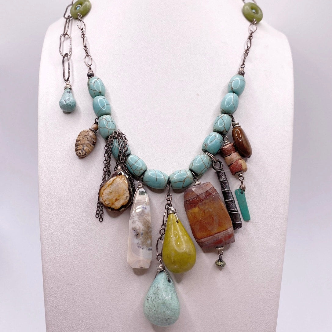 Vintage Artesian Sterling Silver and Turquoise with Mixed Gemstones Necklace