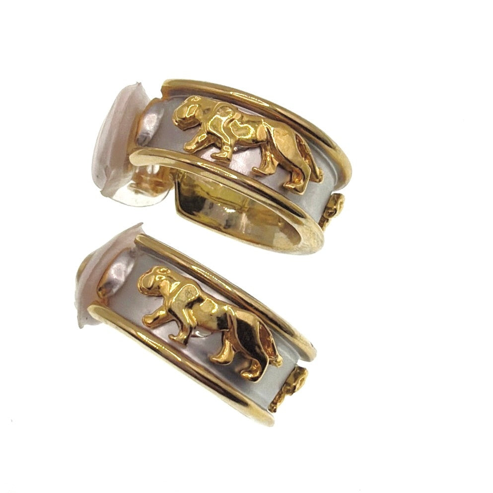 Two Tone Clip on Earrings Half Hoop With Lioness Decor