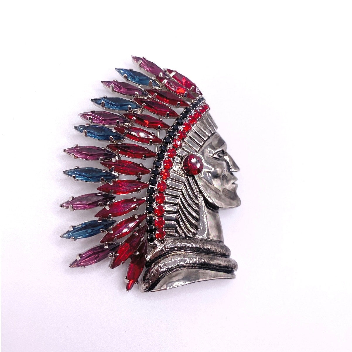 Vntg Indian Head Chief Gunmetal Red Blue Purple Rhinestones headdress brooch