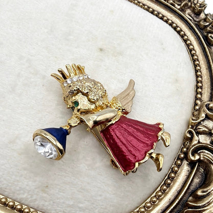 Rhinestones and Enamel Angel with Trumpet Brooch