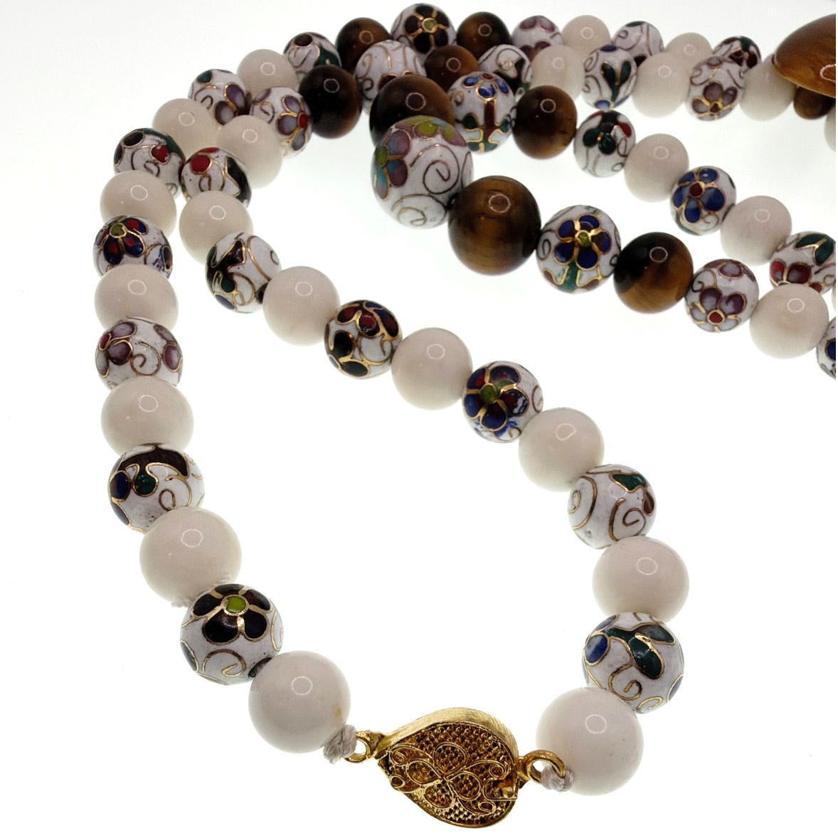 Jadeite Cloisonné and Tiger Eye Vintage Chinese Necklace 36”