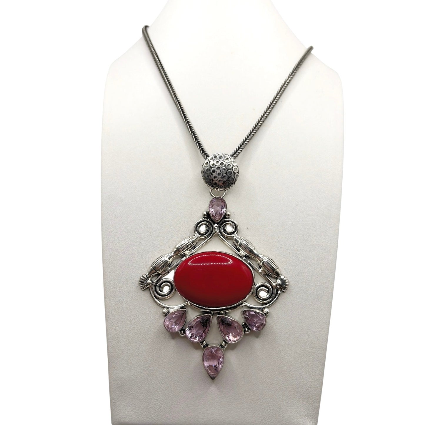 Sterling Silver Necklace 16" and Pendant 3" With Faux Coral and Amethyst Stones