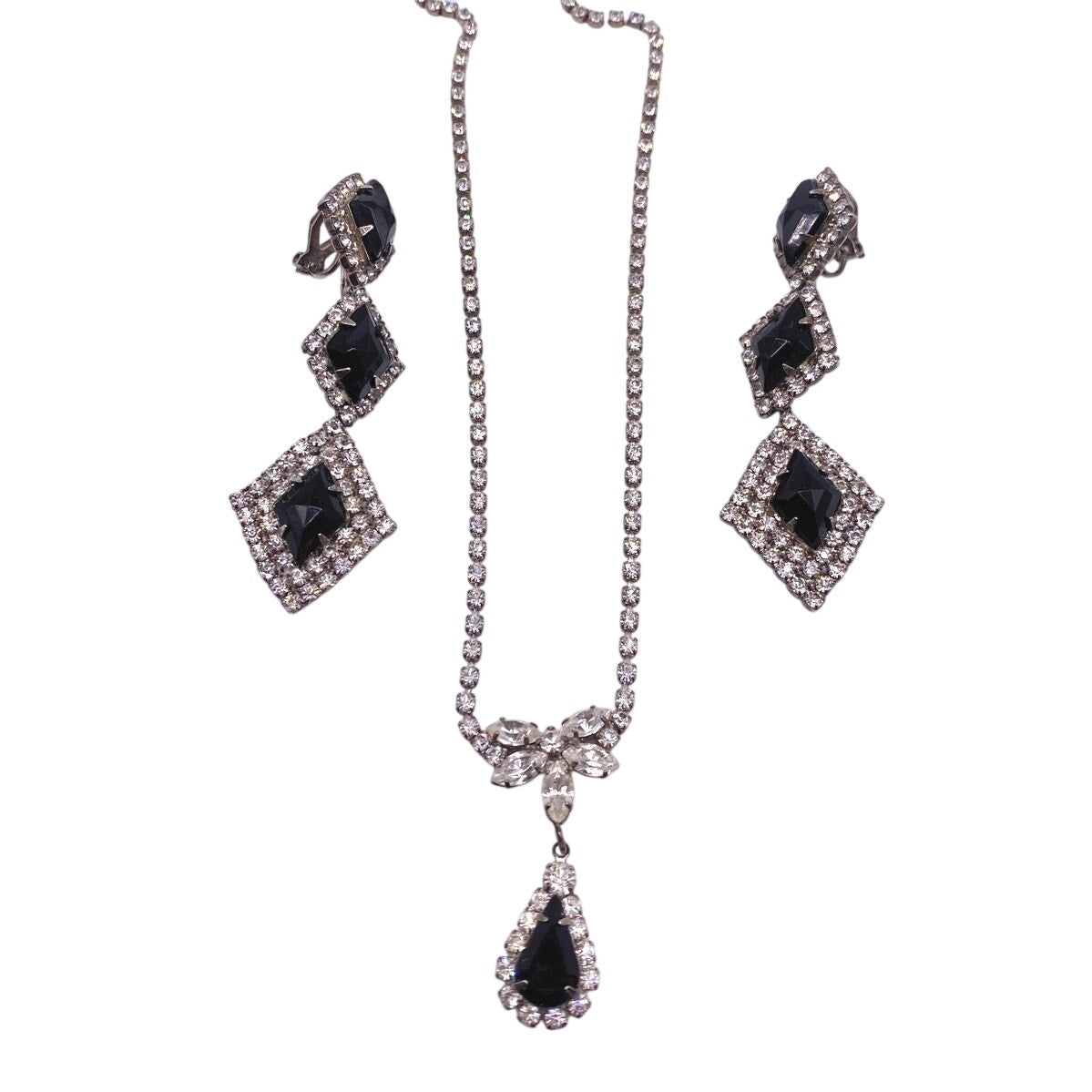 Vintage Black and White Rhinestones Clip on Earrings and Necklace