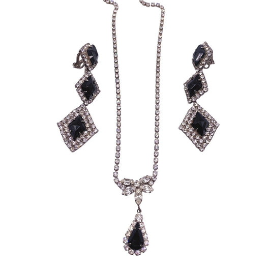Vintage Black and White Rhinestones Clip on Earrings and Necklace