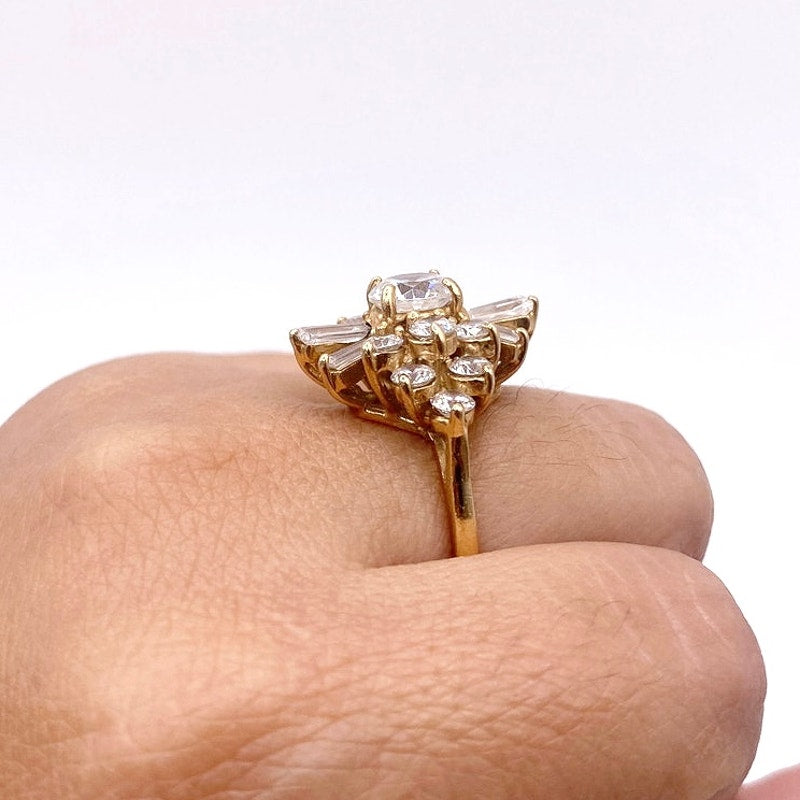14k Solid Gold Ring with C Zirconia Crystals on Art Deco Design Size 6