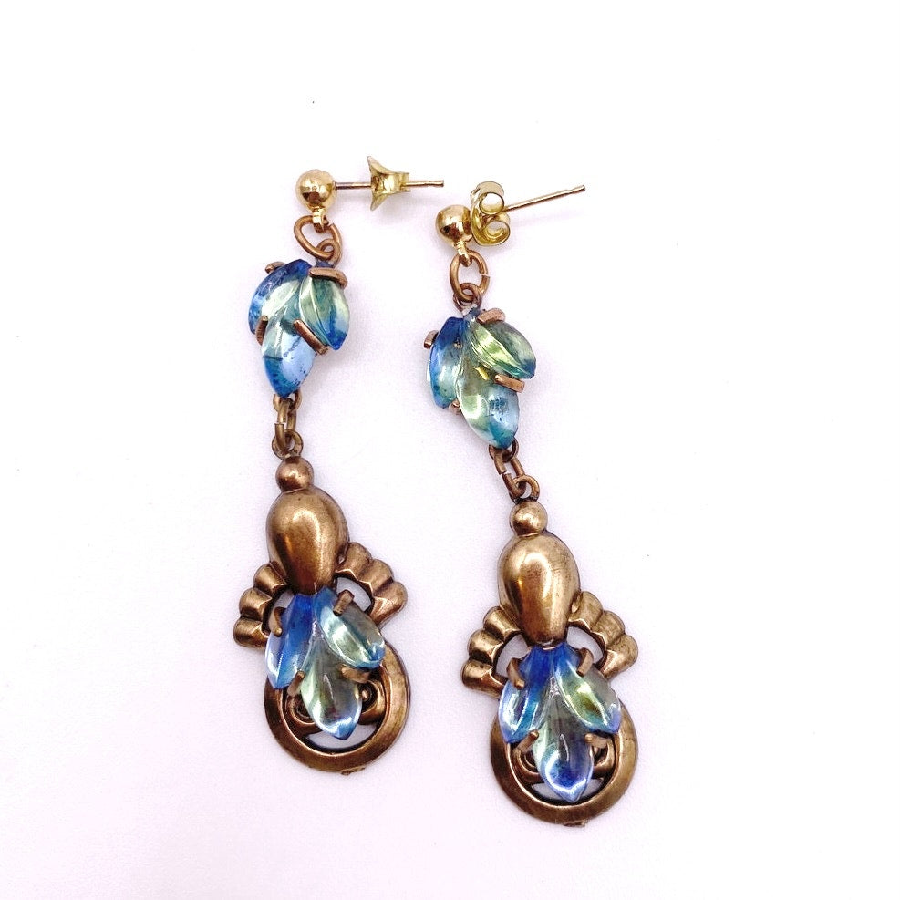 Vintage Dangling Brass Filigree Earrings Blue Green Mermaid Glass Stones