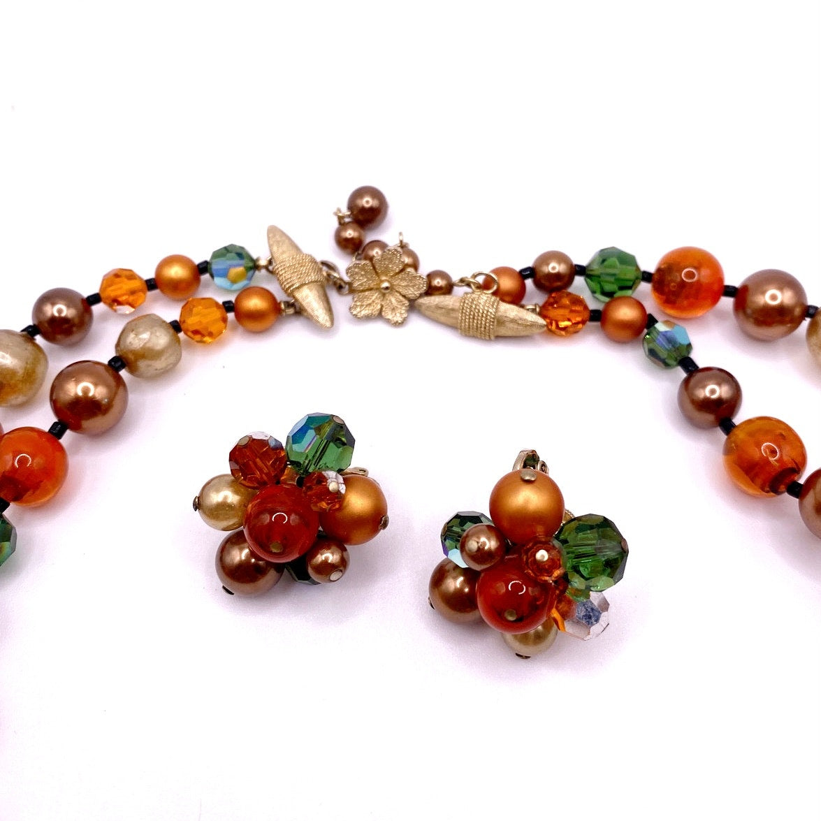 Vendome Lucite Beads Signed Autumn Tones Necklace and Clip On Earrings Set