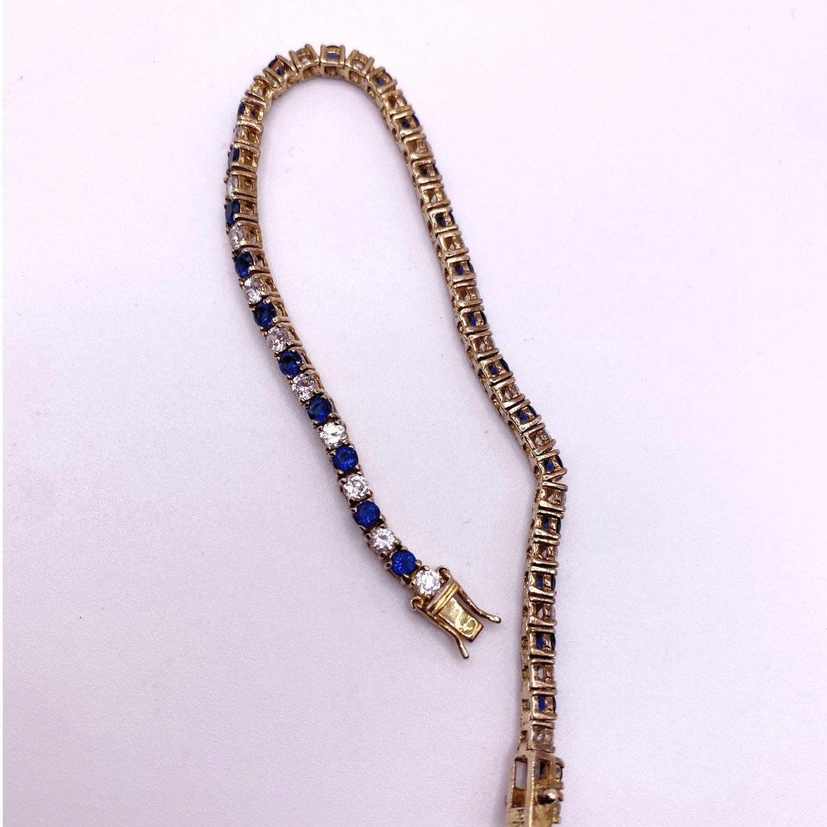 Vintage Sterling Silver Gold Vermeil 925 Bracelet Blue and White CZ 3mm Size 7”
