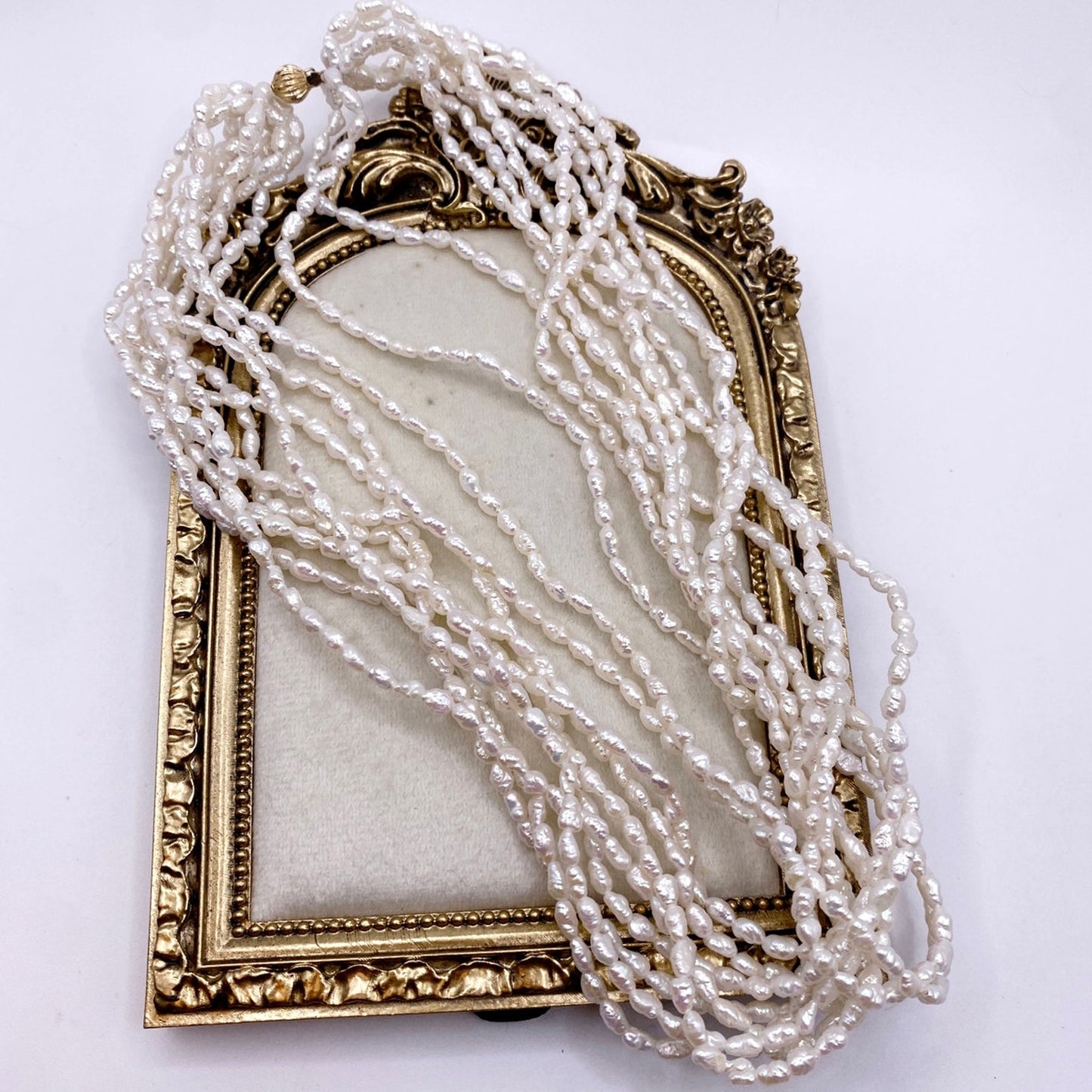 PJS Signed and 14K Closure Vintage Rice Mother of Pearl Multilayered Necklace 16”