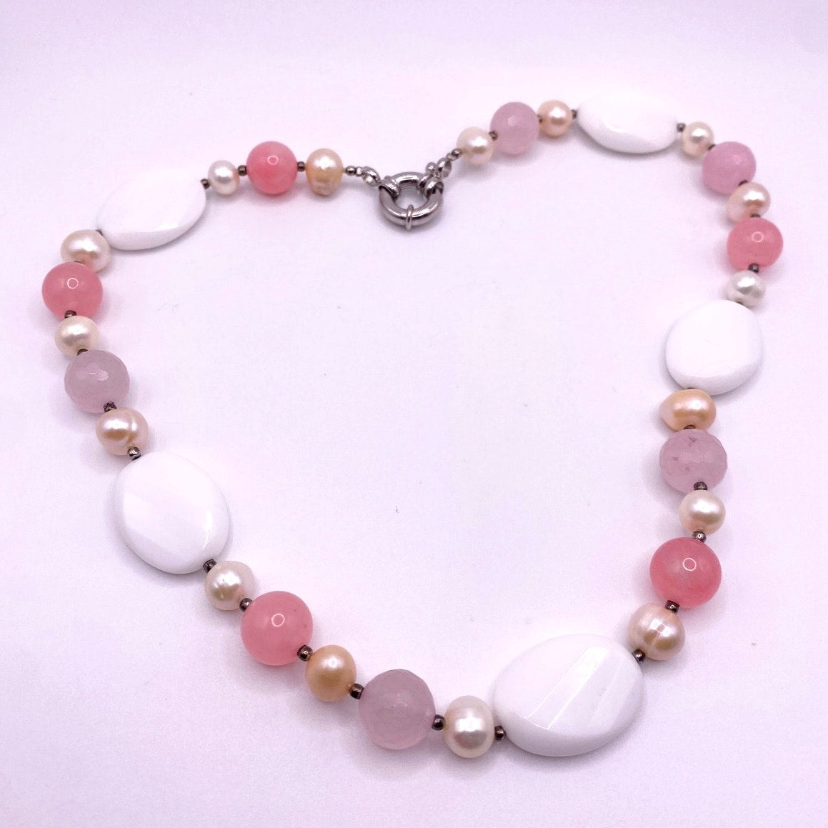 Vintage Handmade Necklace Rose Quartz and White Calcedony 16”