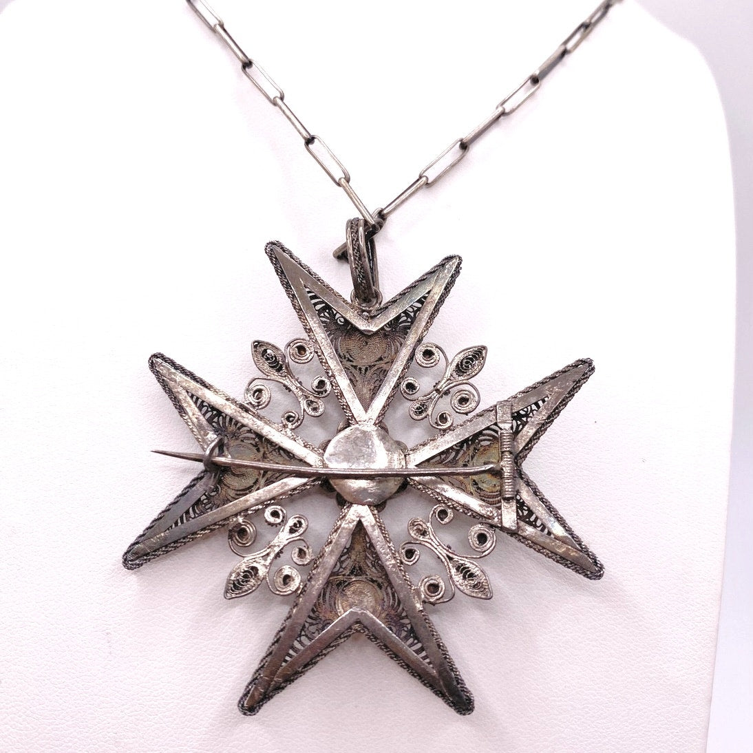 Vintage Metal Artwork Maltese Cross Silver Tone on Paper Clip Necklace 16”