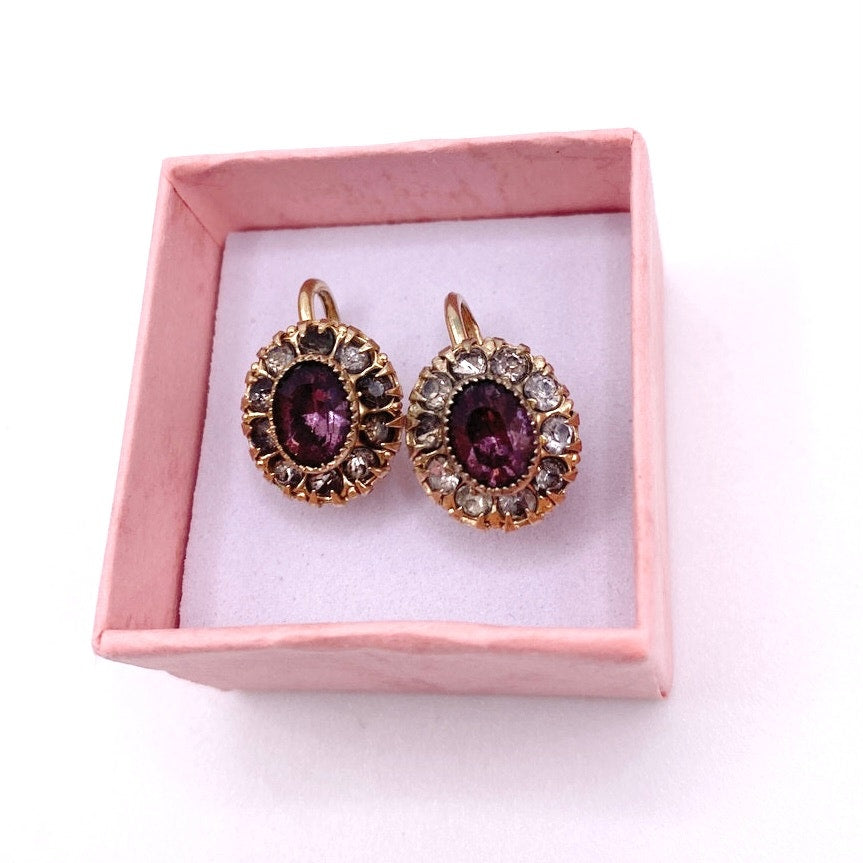 Vntg Gold Filled Screw Back Earrings Edwardian Revival With Purple Rhinestones