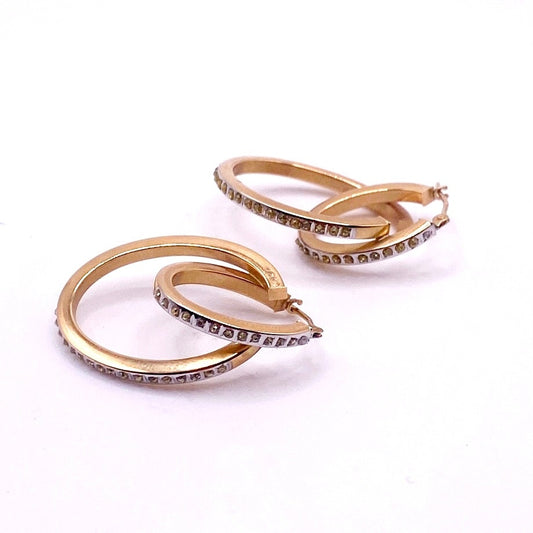 14k Gold Vintage Double Hoop and Diamond Chips Signed SLC