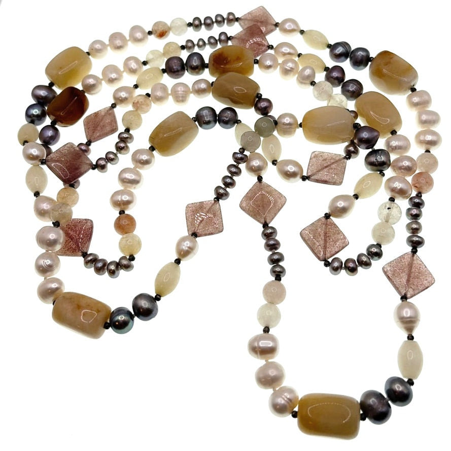 Gemstones and Pearls Knotted Vintage Extra Long Necklace 66” One Strand