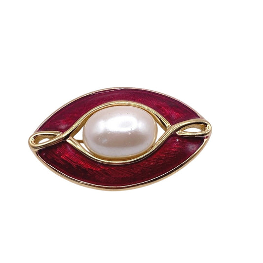 Monet Brooch Red Enamel with Faux Pearl
