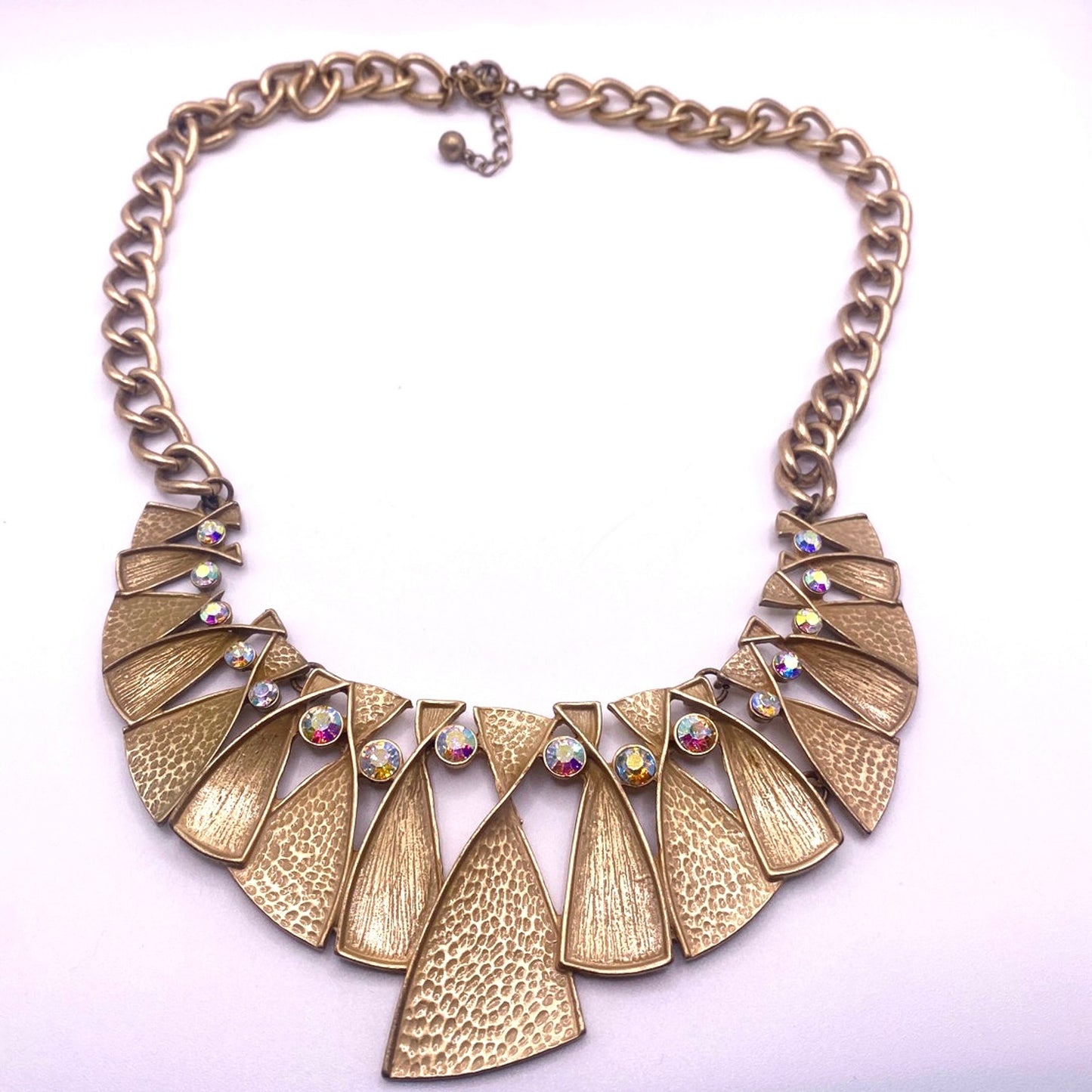 Vintage Golden Bib Necklace with Aurora Boreales Rhinestones