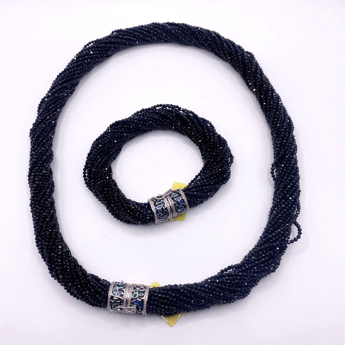 Black Onyx Seed Beads Spinel Necklace and Bracelet Set Sterling Silver Closure