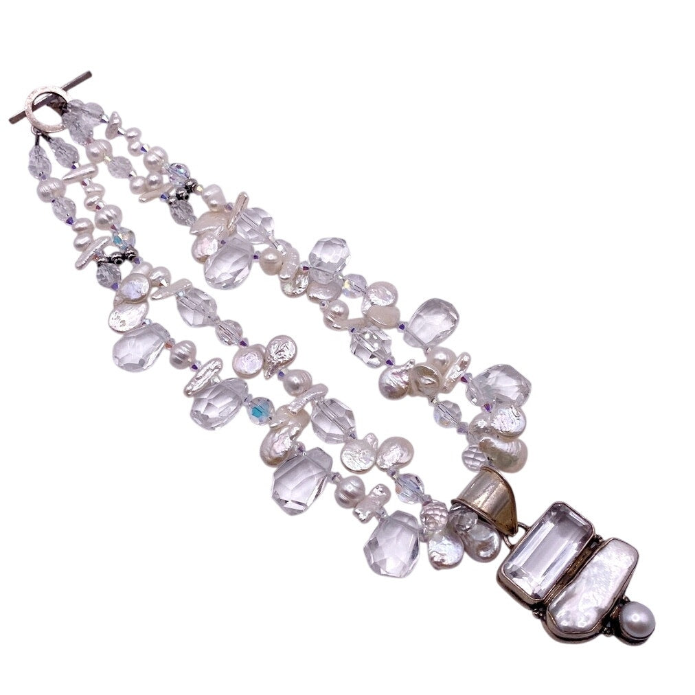 Saki Sterling Silver Necklace With Mother of Pearl and Faceted Quartz Stones 16”