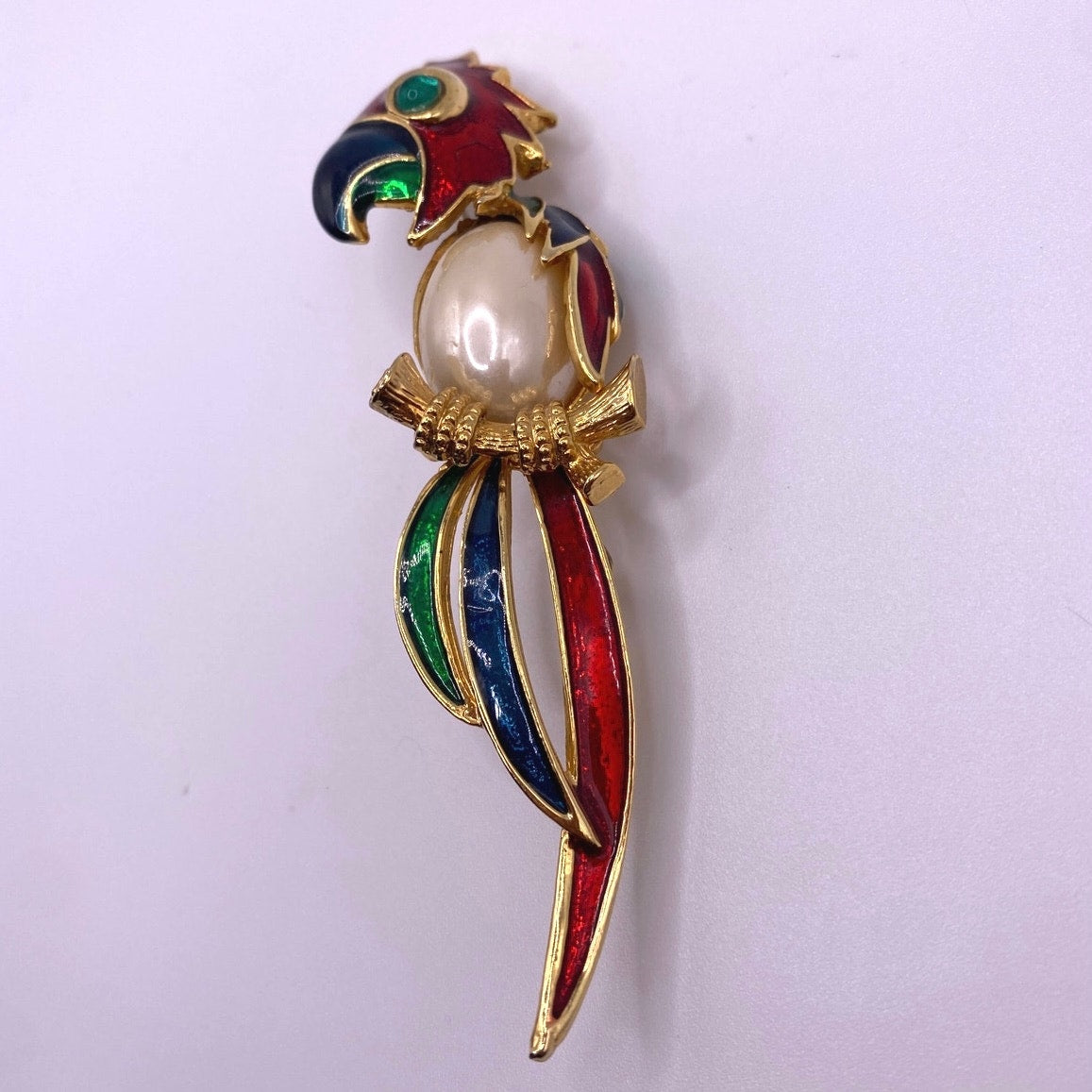 Vintage Large Parrot Brooch Faux Pearl Jelly Belly Unsigned