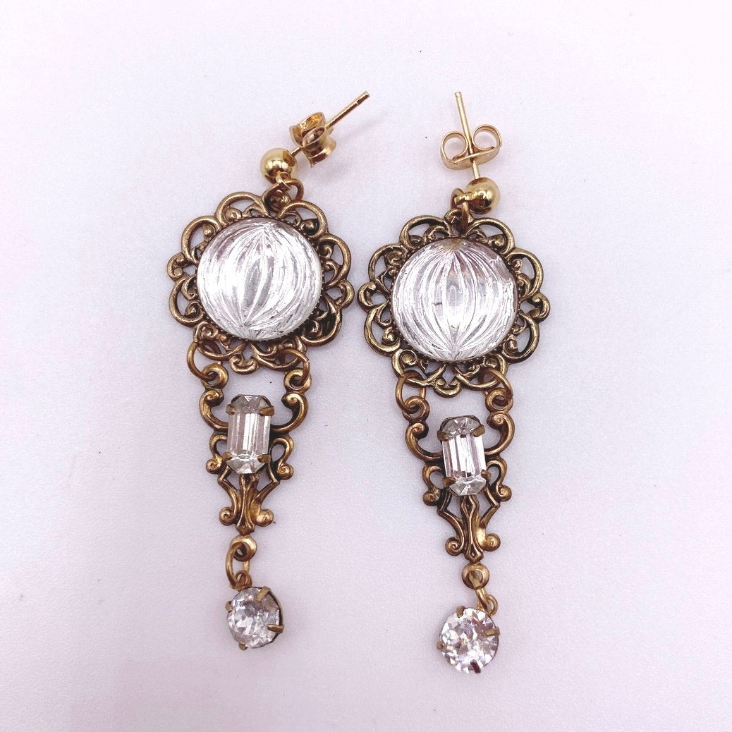 Vntg Dangling Earrings Filigree Brass with White Rhinestones and Glass Stones