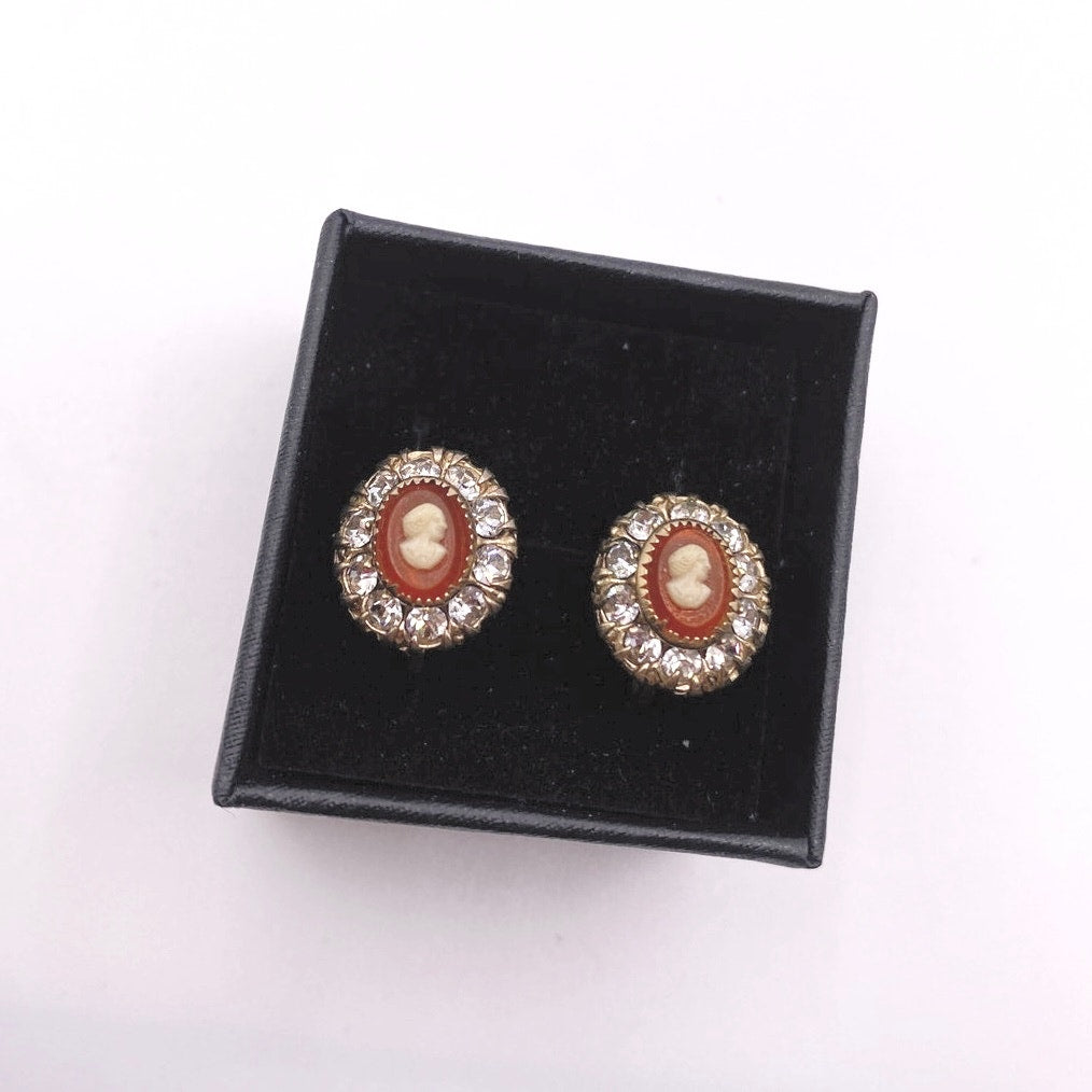 Vintage Screw Back Resin Cameo and Rhinestones Gold Tone