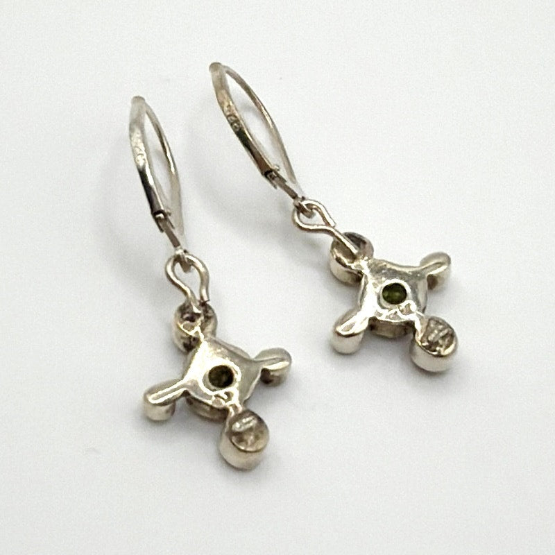 Sterling Silver Dainty Earrings Drop Cross With Peridot and Quartz Gemstone
