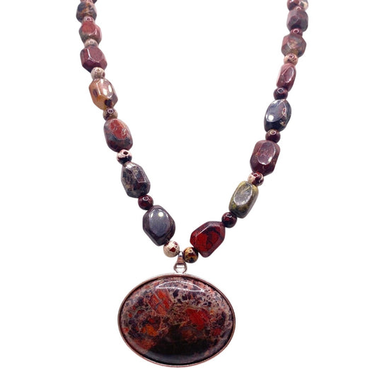 Vintage Red Agate and Jasper Beaded Necklace with Cabochon Pendant
