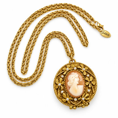 Goldette Signed Vintage Long Necklace And Shell Locket Cameo Pendant 28”
