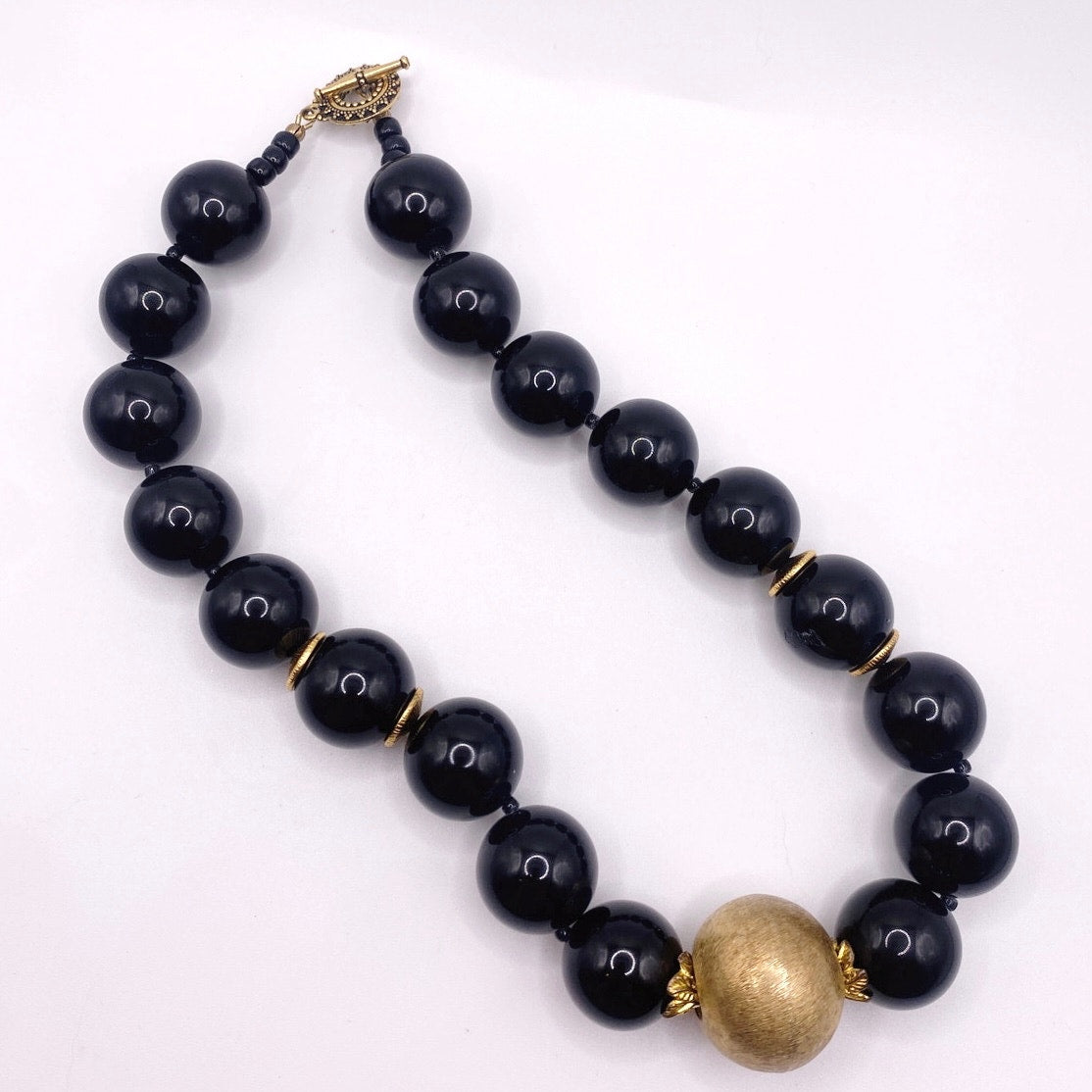 Vintage Black Onyx And Venetian Metal Golden  Spheres Chunky Necklace 14”