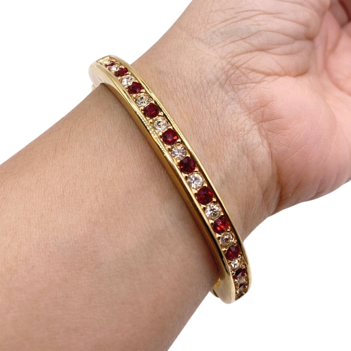 Roman Vintage Bangle Bracelet Gold Tone with Ruby and White Glass Rhinestones 7”