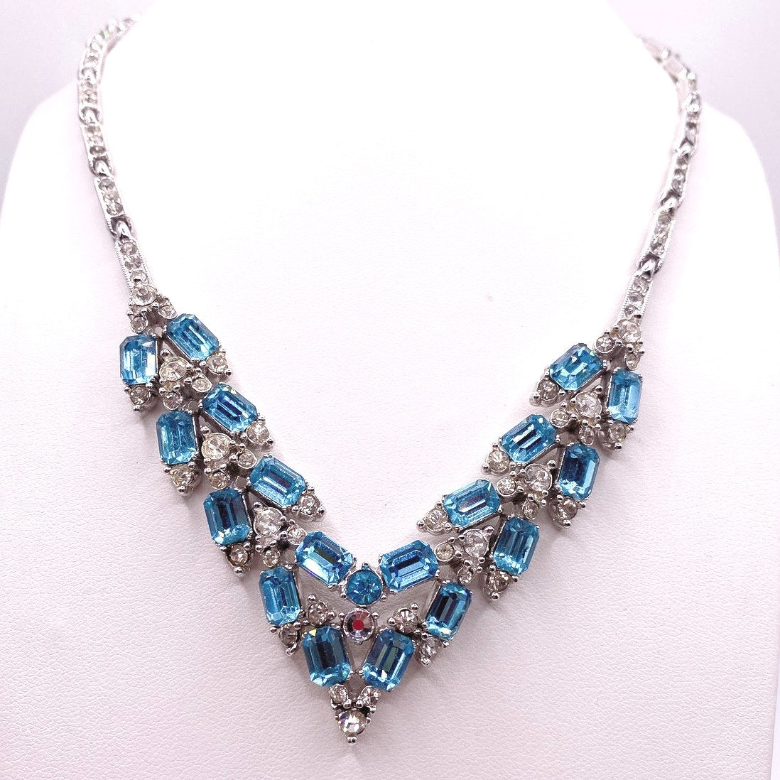 Bogoff Signed Vintage Necklace with Blue and White Rhinestones