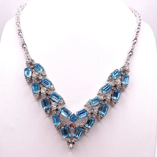 Bogoff Signed Vintage Necklace with Blue and White Rhinestones