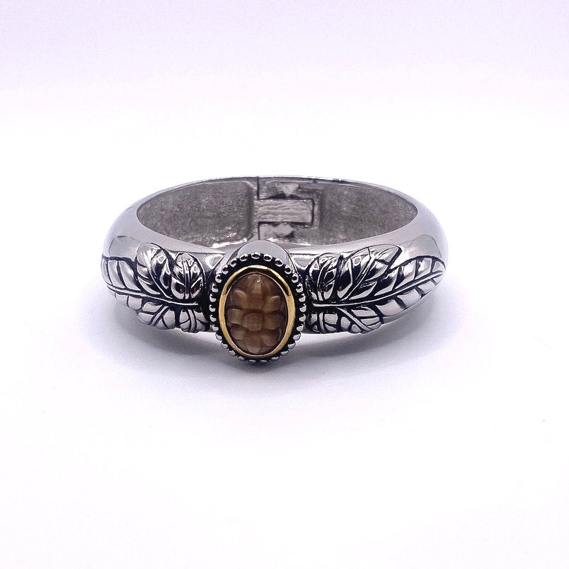 Silver Tone Cuff Glow Moon Carved Stone
