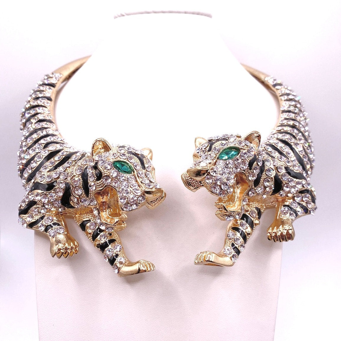 Double Tiger Full Rhinestones Collar Statement Necklace