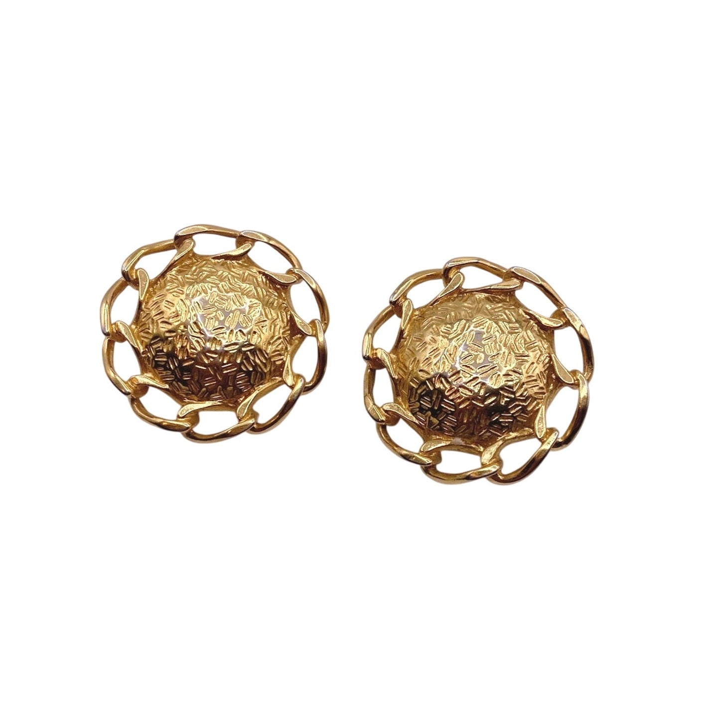 Vintage Clip On Retro Earrings Texture Dome On Chain Links 1.5”