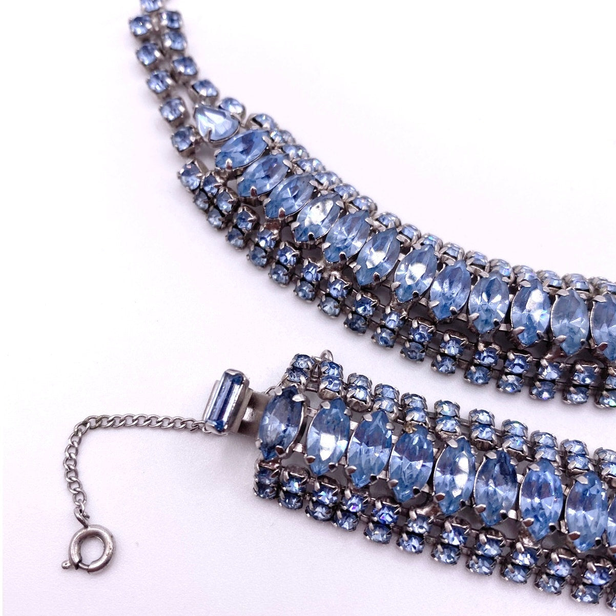 Sapphire Blue Rhinestones And Silver Tone Vintage Necklace and Bracelet Set