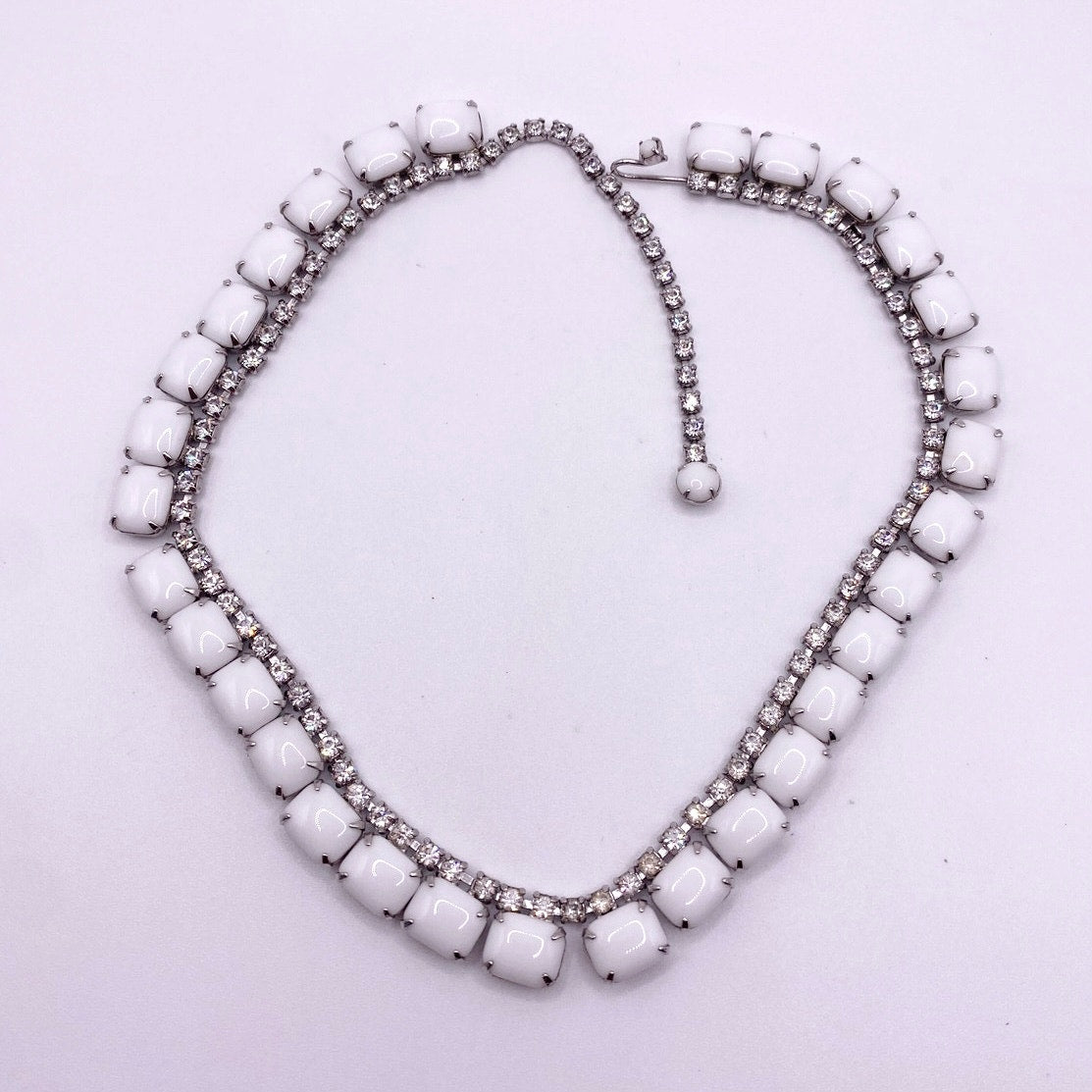 Delicate Vintage Milk Glass and Rhinestones Necklace 16”