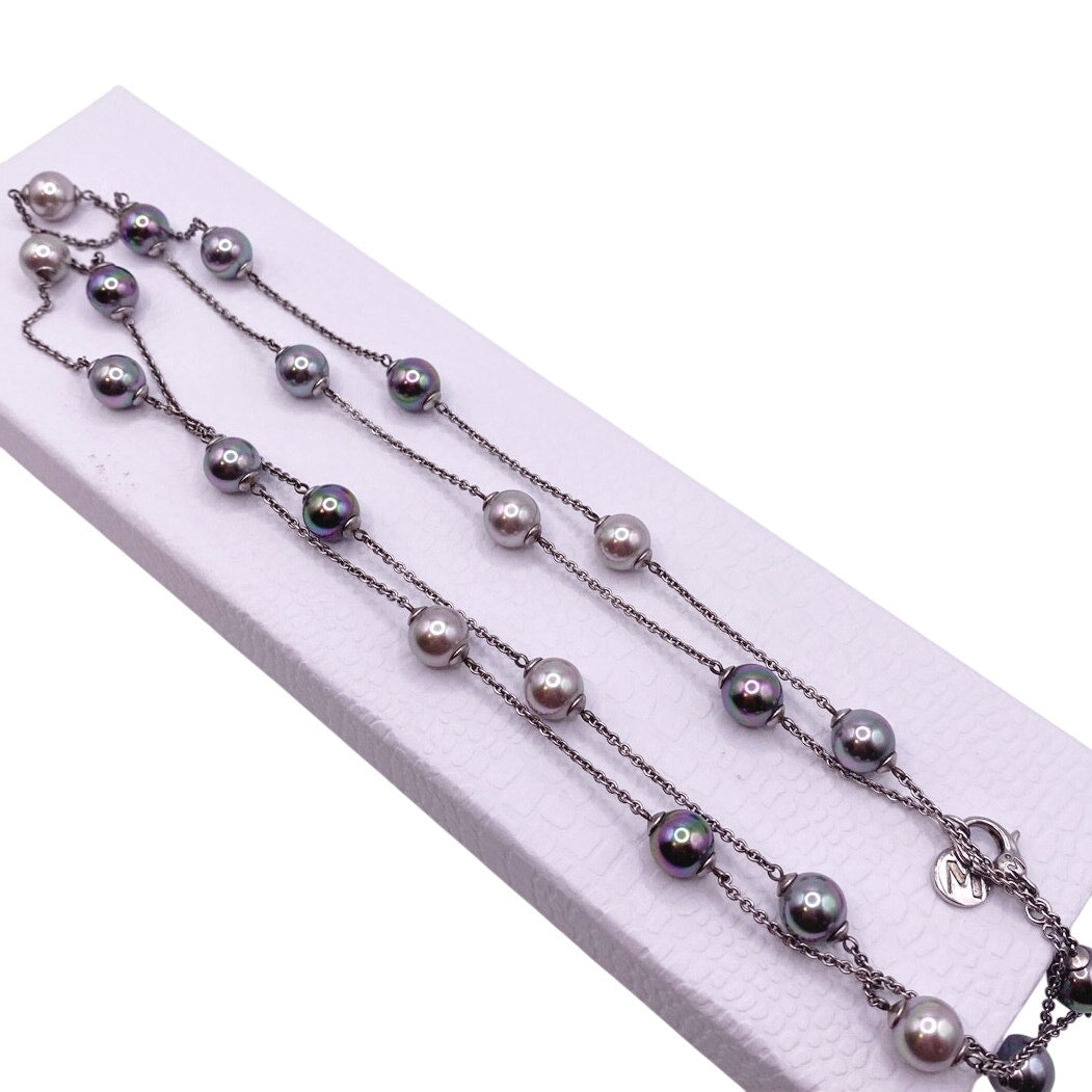 Majorica Necklace Sterling Silver-Colorful High Quality Faux Glass Pearls 34”