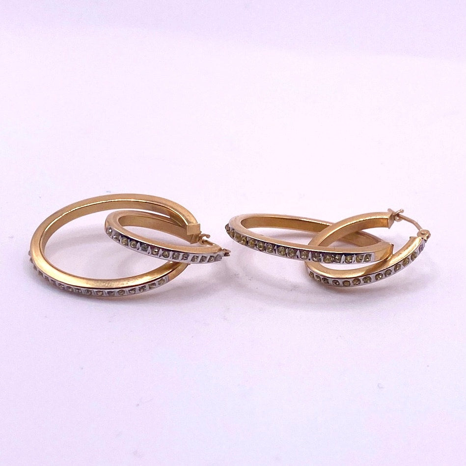 14k Gold Vintage Double Hoop and Diamond Chips Signed SLC