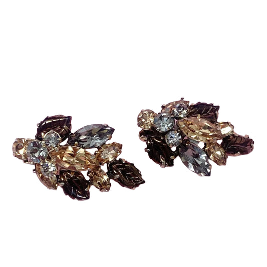 Regency Clip-On Earrings Brown Rhinestones