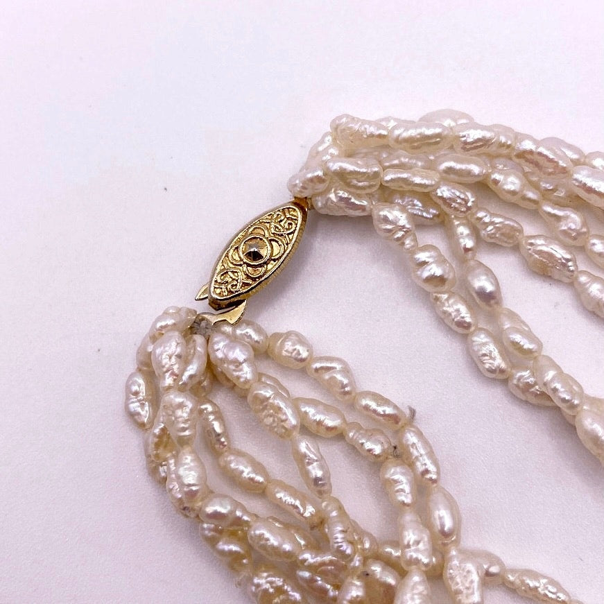 Vintage Multi Strand Rice Mother of Pearl Necklace 14" Gold Filled Clasp