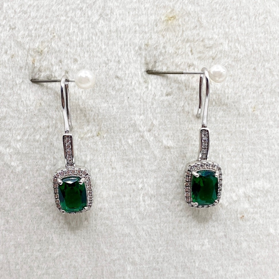 Green Crystal Sterling Silver Vintage Hook Earrings Cubic Zirconia