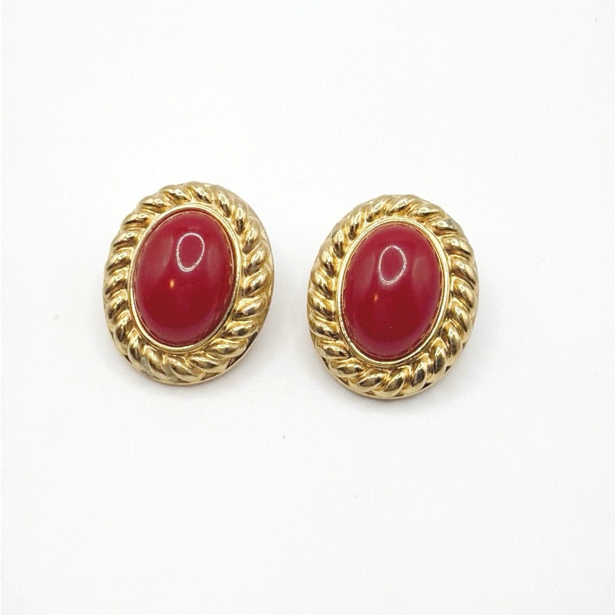 Monet Vintage Clip On Earrings Red Lucite and Gold Tone