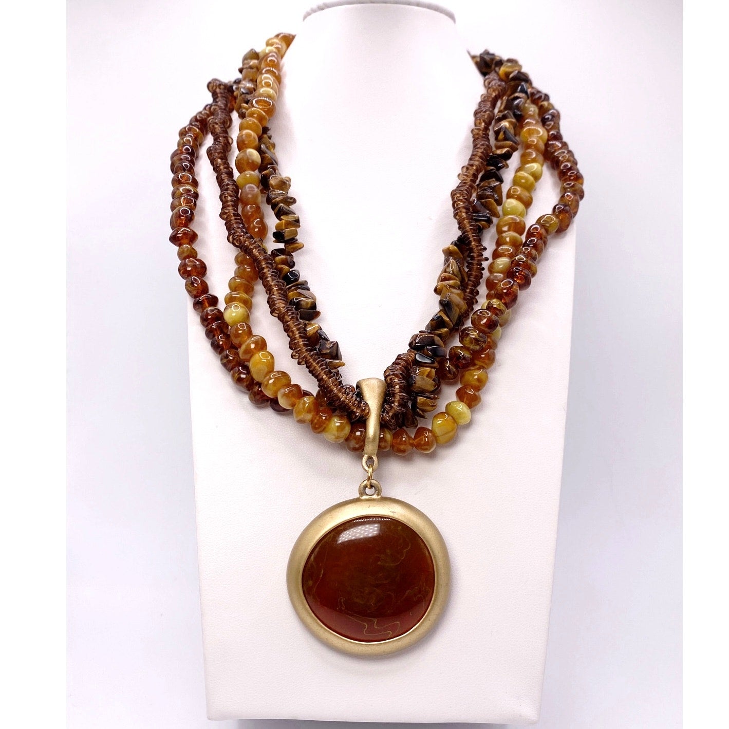Vintage Amber Tone Lucite MultiStrand Necklace with Cabochon Pendant