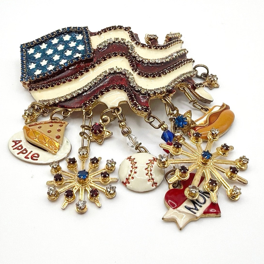 Lunch At The Ritz American Flag Baseball Hot Dog and Mom Vintage Brooch