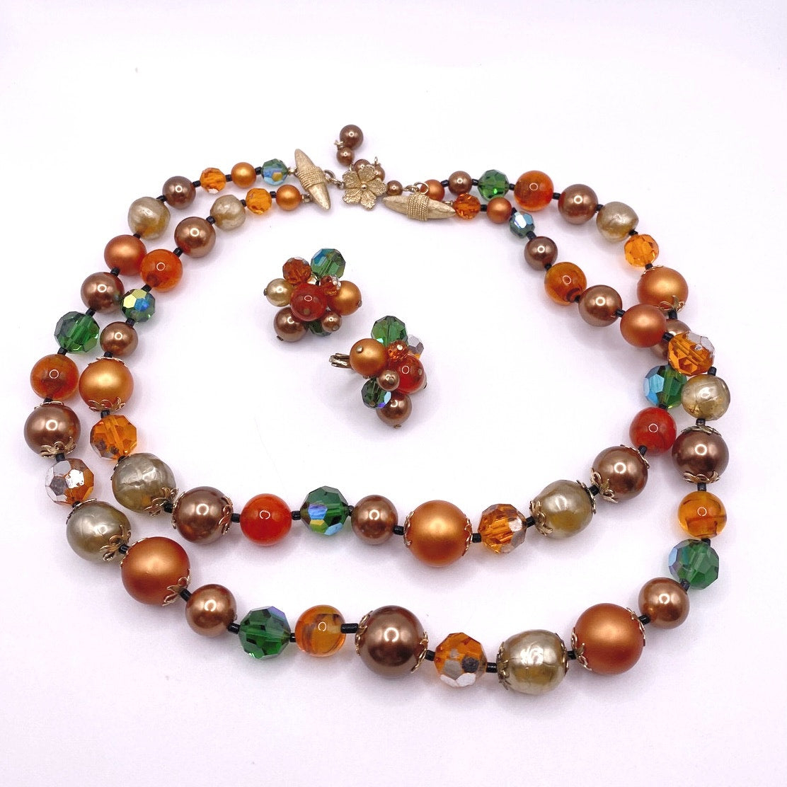 Vendome Lucite Beads Signed Autumn Tones Necklace and Clip On Earrings Set