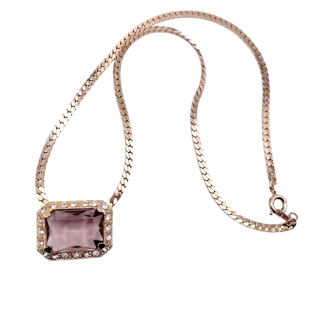 Vintage Beautiful Smoky Glass Crystal Pendant with Gold Tone Chain