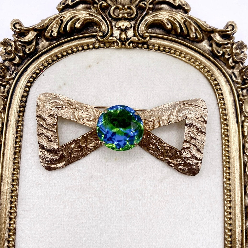 Vintage Brooch Bow with Bohemian Green and Blue Glass 2” long