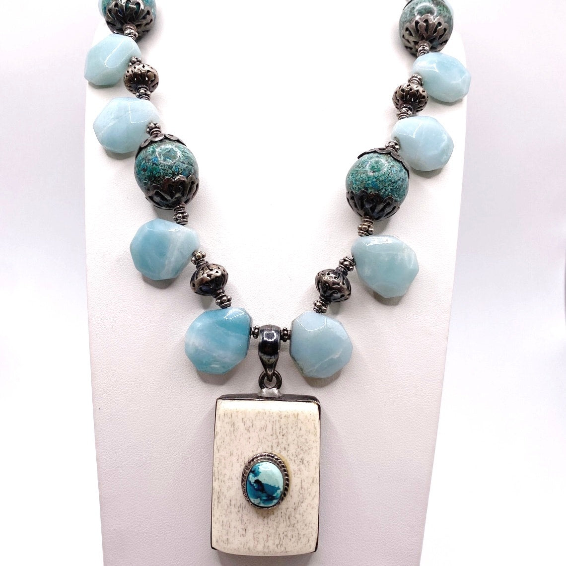 Sterling Silver and Gemstones Necklace, Amazonite, Turquoise and Bone Pendant